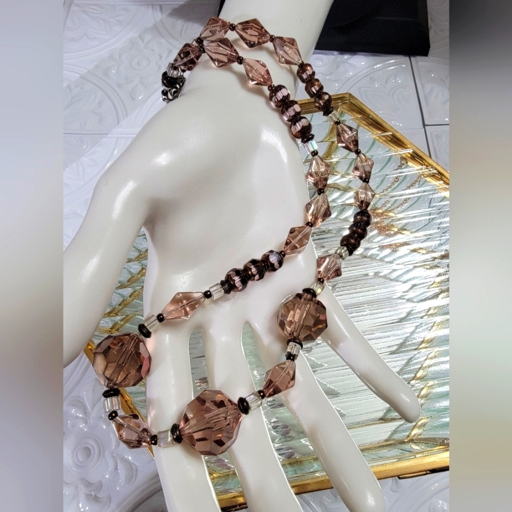 Vintage Faceted Taupe Glass & Aurora Borealis AB Beaded Necklace